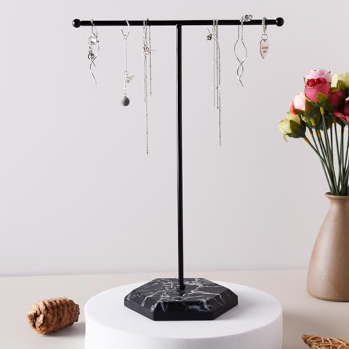 Luxiremi Jewellery Organiser Stand, T-Bar Necklace Display Stand Earrings Holder Metal Hanging Pendant Rack with Marble Pattern Tray, Jewelry Display Stand for Bracelets Rings Watches Keys (Black)