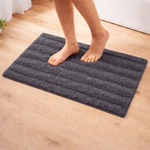 Image of Premium Combed Cotton Tufted Bathmat 50 x 80 cm, 1800 GSM Soft Absorbent Anti Skid Bathroom Floor Mat with Latex Backing, Quick Dry Non Slip Bath Rug for Shower & Daily Use, Stripes Grey