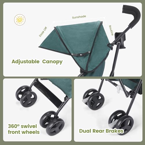 Image of One-Handed Folding Lightweight Stroller, Large Storage Basket, Canopy, Cup Holder, Compact Umbrella Stroller Durable Frame, 3-36M Travel Stroller for Airplane Ultra Overhead Friendly (Dark Green)