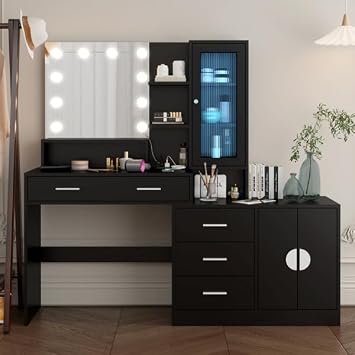 Makeup Vanity Desk with Lights, Lighting Color Adjustable Brightness, White Vanity Desk with Mirror and Lights, Dressing Table with Drawers
