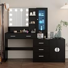 Makeup Vanity Desk with Lights, Lighting Color Adjustable Brightness, White Vanity Desk with Mirror and Lights, Dressing Table with Drawers