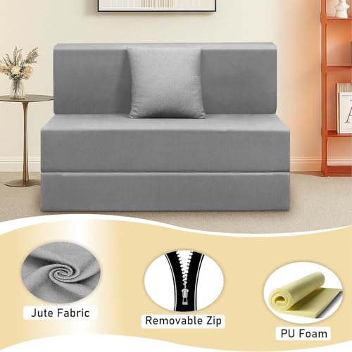 Image of Convertible Sofa Cum Bed | Foldable One Seater, 3 X 6 Ft Sofa Bed| with Cushion Jute Fabric Perfect for Living Rooms & Guest Room - Grey Color