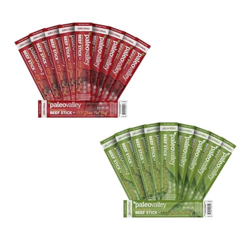 Paleovalley Beef Stick Bundle - Original + Jalapeno - 20 Sticks - Delicious Gluten Free Snack - High Protein Keto Friendly