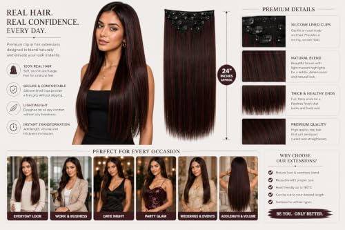 Image of Salon-Grade Maroon Highlights Straight Clip-in Extensions - 6PCS Synthetic Hair Volumizer with 13 Secure Clips for Instant Volume & Realistic Blend