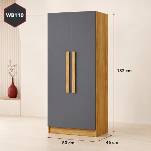 Image of Bniture 2 Door Wardrobe for Bedroom | Almirah for Clothes with 4 Shelves | Spacious Storage Cupboard for Bedroom | Wooden Wardrobe (46D x 80W x 182H CM) | 3 Years Warranty | Giant Wood & Slate Grey
