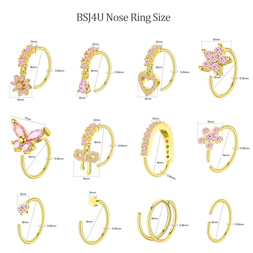 Hoop Nose Rings for Women Nose Piercings 20G Stainless Steel Nose Rings Hoops Heart Butterfly Flower Bow Teardrop Double Nose Hoops Gold Silver Pink Clear CZ Nose Piercing Jewelry 6