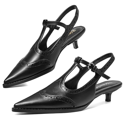 ErikenUrben Low Kitten Heels for Women Elegant Pointed Toe T-Strap Slingback Pumps Buckle