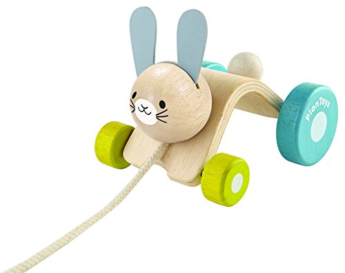 PlanToys Wooden Hopping Rabbit Push and Pull Toy (5701) | Sustainably Made from Rubberwood and Non-Toxic Paints and Dyes