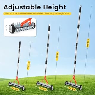 Thatch Rake with Wheels, 37-65.35'' Adjustable Dethatching Roller Rake Adjustable 0-12° Angle Stainless Steel Blades Heavy Duty Manual Dethatcher , Lawn Thatcher Rakes for Moss, Grass, Leaves, Debris