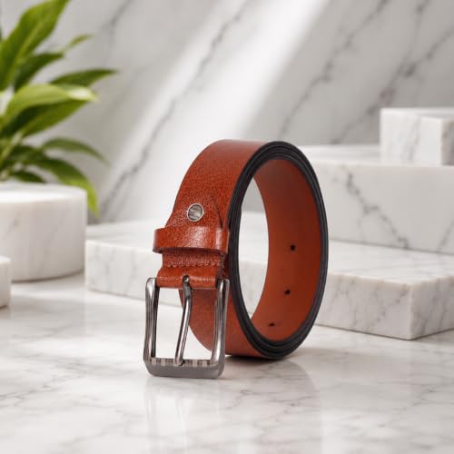 Image of Men's Tan Genuine Leather Belt for Men | Textured Premium Leather Belt with Metal Tang Buckle | Casual, Formal & Office Wear | Adjustable Durable Belt for Jeans.