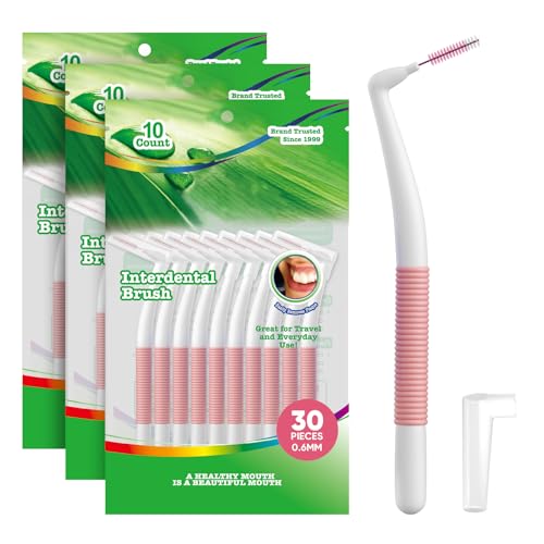 Annauiy 30Pzs Cepillo Interdental Angular 90°en Forma de L-Pequeño-Rosa-para Hueco de 0.6MM,Limpieza Interdental Eficaz- Personas con Espacios Estrechos