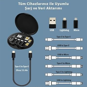 polham mobile 6in1 60W Type C, Micro ve İphone Lightning Kablolu, Dönüştürücü, Sim Aparatlı Seyahat Seti Siyah