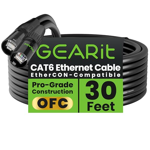 GEARit Shielded CAT6 Ethercon Cable (30 Feet) Professional Audio & Lighting RJ45 EtherCON-Compatible Cable for Studio Stage Concerts - 30ft Black