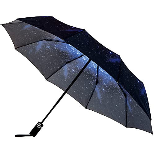 Parapluie portable automatique anti-vent, pliable, compact et résistant léger avec étui étanche et 10 lattes renforcées, parapluie de voyage pour homme et femme, Ciel étoilé