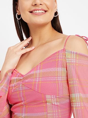 Image of DRAPE AND DAZZLE Printed Mesh Trumpet Sleeve Mini Dress with Tie Detailing for Women