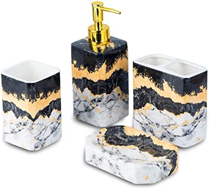 4 Piece Bathroom Accessories Set – Black and White Includes Lotion Dispenser, Toothbrush Holder Tumbler, and Soap Dish – Glossy Finish (Marble, Black, and White)