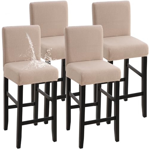 Image of YISUN Waterproof Bar Stool Covers, Stretch Barstool Slipcovers with Backs, Removable Washable Pub Tall Chair Slipcover, Counter Chair Seat Protector Cover, Jacquard Khaki 4 Pack
