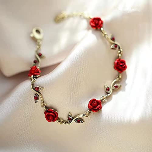 MLEPUS Red Rose Flower Link Charm Bracelets for Women Vintage Exquisite Rose Necklace Pendant Bracelet Set Clothing Accessories Festival Party Birthday Wedding Mother's Day Christmas Gift4