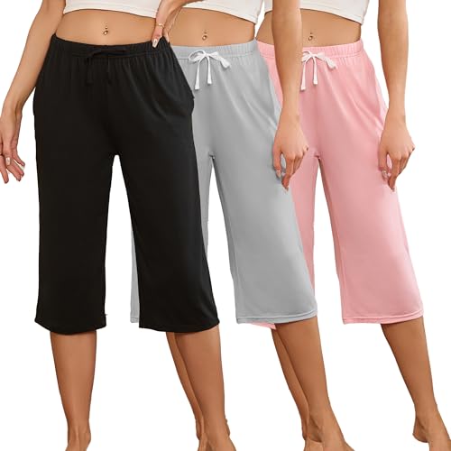 Image of U2SKIIN 3 Pack Womens Pajama Pants Capri Lounge with Pockets Comfy Drawstring Pj Bottoms Casual Summer Sleep