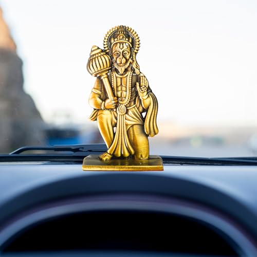 Image of Unique Double Sided Design Seating Hanumanji Blessing Idol with 10 cm Height for Car Dashboard,Mandir,Desk,Home Decor | Divine Hanuman Murti for Gifting| (Golden) (Pack of 01)