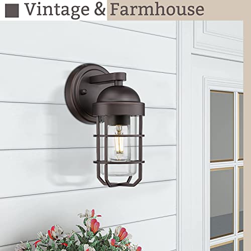 Image of Emliviar Farmhouse Outdoor Wall Light for House Porch, Vintage Exterior Wall Lantern, Industrial Nautical Metal Cage with Clear Tempered Glass, Oil Rubbed Bronze Finish, GE255B ORB