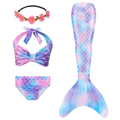 Fishkidtail Mermaid Tails for Swimming 4Pcs Girls Swimsuits Princess Bikini Bathing Suit Set for Kids,Girls, Children