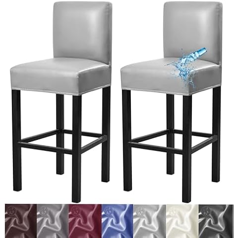 ANWUCHEN Bar Stool Covers,2 Pack Stretch Waterproof PU Bar Stool Covers with Backs Removable Bar Stool Chair Covers Basrstool Covers Slipcovers with Back Pub Counter Chair Covers Light Gray Cover
