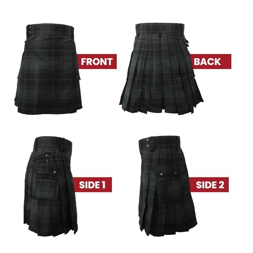 UT Kilts Men's Standard Tartan Utility Kilt, Modern Scottish Kilt for Everyday Wear, Tactical Kilts with Adjustable Hip Straps & Cargo Pockets for Men, Highlander Gray, 38" Waist