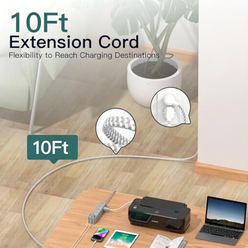 Image of 10FT Extension Cord, Power Strip Surge Protector with 12 AC Outlets & 4 USB | Flat Plug, 1050J Overload Protection, Wall Outlet Extender for Home Office Dorm Living Room Bedroom Essentials, ETL Listed