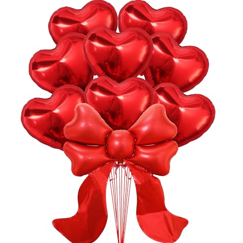 Image of KatchOn Red Heart & Bow Foil Balloons Set, Pack of 9 | Valentines Day Decorations Party | Heart Shaped Balloons Red Bow Balloons | Valentine Decorations | Valentines Day Balloons