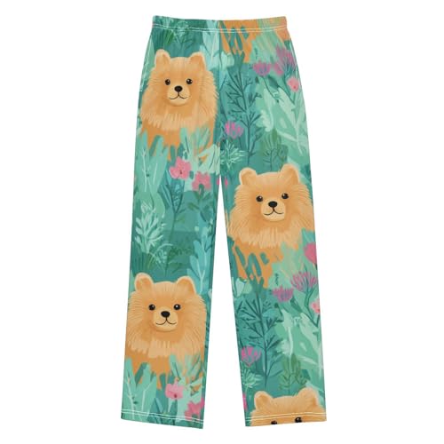 Lovely Pomeranian Florals Boys Long Pants Soft Trousers Elastic Waist Kids Lounge Bottoms with Pockets S-XL