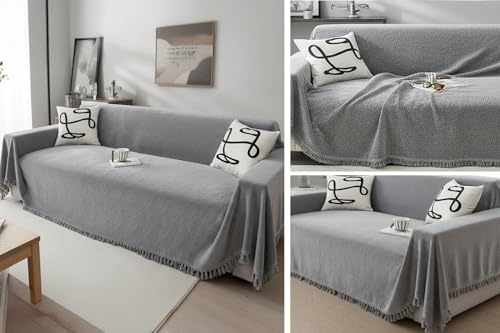 Image of The Furnishing Tree Reversible Double Sided Chenille Throw Sofa Cover, Anti-Slip Couch Cover, Comfy Sofa Towel for All Seasons, 3 Seater, Subtle Textured Woven Finish Solid Grey