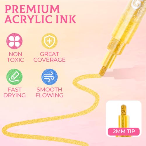 Image of 18 Metallic Colors Glitter Markers, Acrylic Paint Markers 2mm Medium Tip | Water-Based,Non-Toxic Ink Glitter Paint Pens for Adults Rock Painting, Fabric, Cards, Journaling & DIY Crafts