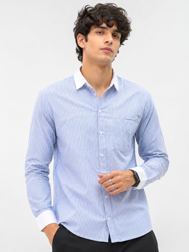 Image of Men's Striped Casual Shirt | White Collar & White Cuff Design | Full Sleeve Cotton Blend Shirt for Men | Slim Fit Stylish Casual Wear