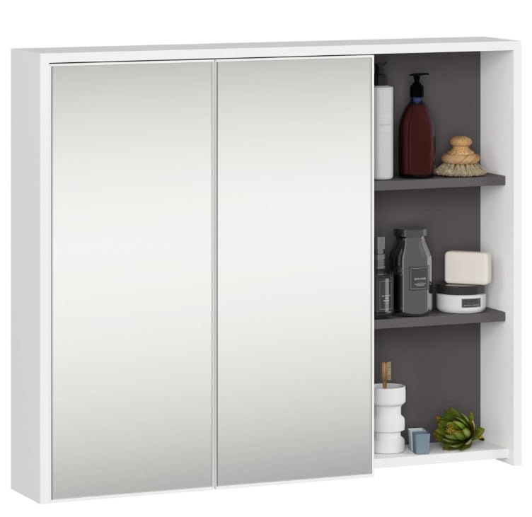 BDW - Szafka z lustrem łazienkowa - Wisząca szafka na ścianę, 6 półek, płyta laminowana, Kolor frontu: Biały, Wnętrze: Grafit Szary, 90(W) x75(SZ) x15(D) cm, Vami