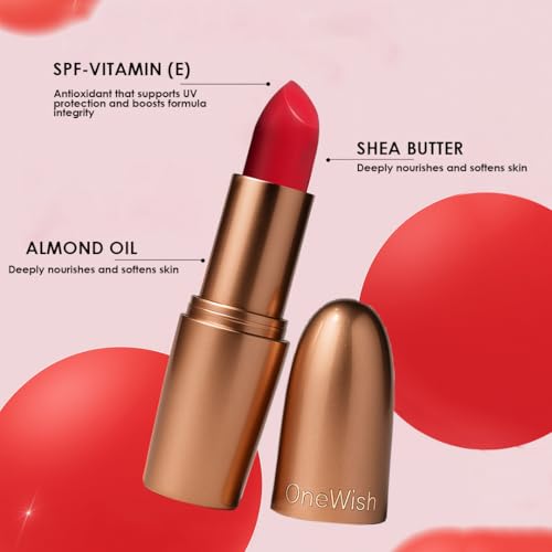 Image of One Wish Creamy Matte Lipstick Long Lasting for Women - Queen of Hearts Shade 10 | Full Coverage | Creamy Formula | No Flaky Lips | No Dryness| High-Pigment |SPF | Vitamin E, Almond Oil & Shea Butter for Moisturising Lip | 8 Hrs Lasting | Smooth Finish | 3.8 gm