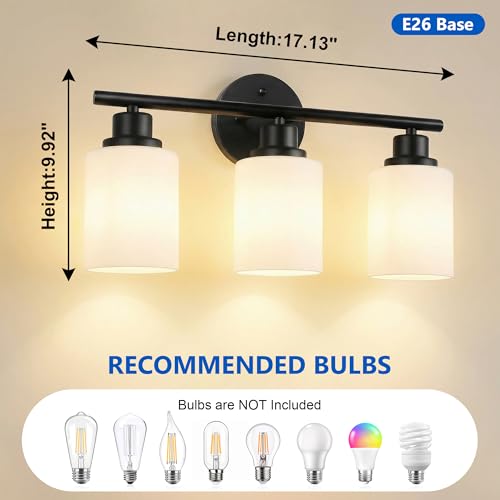 Image of Unicozin 3 Light Bathroom Light Fixtures, Modern Vanity Lights with Milky Glass Shade, Black Wall Lamp Over Mirror for Bathroom, Living Room, Cabinet, Bedroom, E26 Base