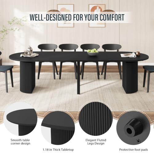 Image of weselon 42 inch-120 inch Extendable Dining Table for 4-14, Expandable Oval Dining Room Table with Fluted Pedestal Base & Reinforced Metal Support Leg, Extra Large Modern Kitchen Table (Black)
