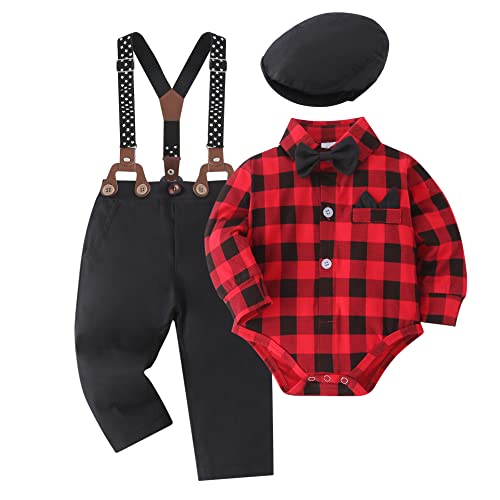 Image of YALLET Baby Boy Clothes Set Infant Tuxedo Long Sleeve Gentleman Suit Outfits + Beret Hat + Suspender Pants + Bowtie 0-18M