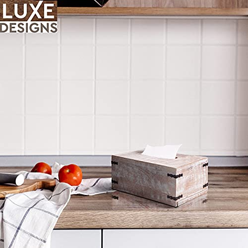 Wood Tissue Box Cover for Desktop – Vintage Rectangle Tissue Holder w/Slide Out Bottom for Refills – Desktop Tissue Holder – Rustic White Wood Pieces for Home Office Decor – 6.4” X 10.2” X 4.5”