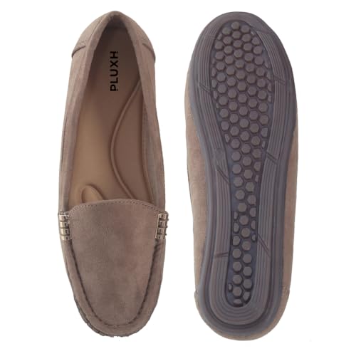 Image of Pluxh Women Classic Ballet Flats | Suede-Textured Slip-On Design with Metal Accent | Cushioned Footbed and Flexible Sole | Office, Casual & Travel Wear