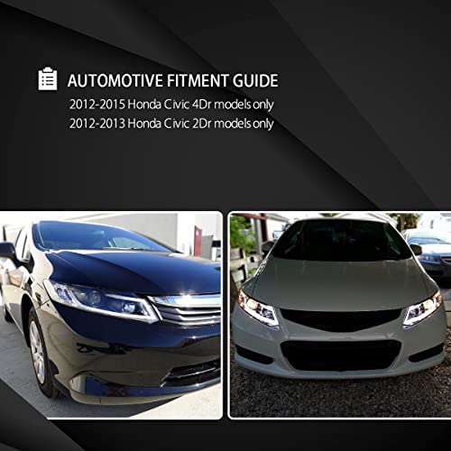 Autozensation Compatible With 2012-2014 Honda Civic 4Dr 2012-2013 Honda Civic 2Dr Chrome Housing Clear Lens Projector Headlights W/New Led Light Bar L + R Pair Headlamp #TOP4
