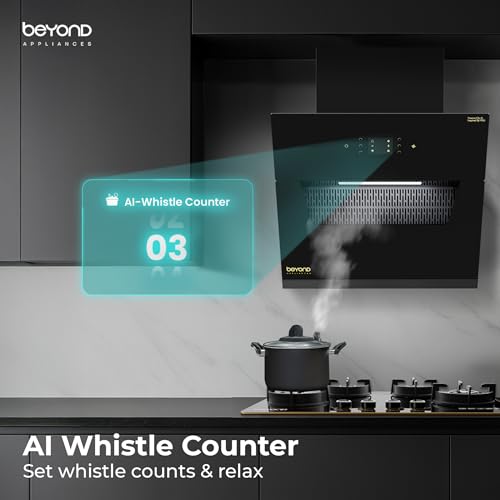 Image of Beyond Appliances Elara 60cm Auto Clean Slant Kitchen Chimney | 1500 CMH Suction | Filterless | Smart AI, Motion Sensor & Speakers | Touch Control | Radio | Whistle Counter | Black | PAN INDIA SERVICE