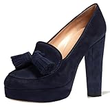 SHODENSE Women Vintage Chunky Platform Loafers Pumps Tassel Navy Closed Round Toe Slip On Suede High Block Heels Dress Loafer Shoes Oxford Loafers Fringe Pump Sexy Chic Y2K Suede Tassel Navy 5