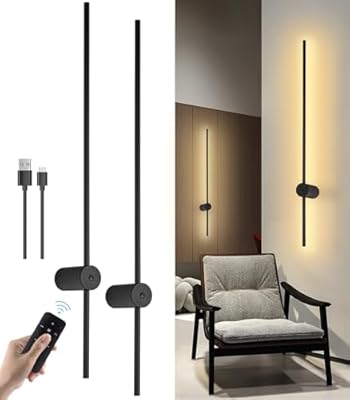 Battery Operated Wall Sconces Set of Two, USB Rechargeable Wall Lights with Remote Control, Dimmable LED Wall Lamp Indoor, 360° Rotation Wireless Lights for Living Room Bedroom Hallway, Black, 39 inch