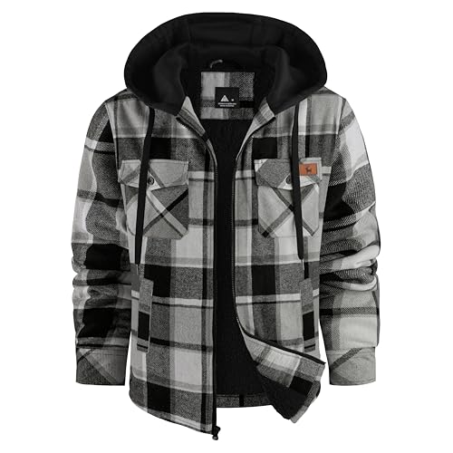 Image of V VALANCH Men's Flannel Shirt Jacket with Hood Fleece Lined Plaid Jacket Zip Up Winter Warm Coat