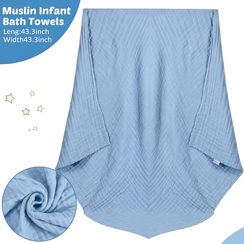 Image of Chumia 6 Pack Baby Muslin Bath Towels Bulk 43.3 x 43.3 Inch 6 Layer Soft Cotton Swaddle Receiving Blankets Breathable Quick Dry for Newborn Infant Toddler, Baby Shower Registry Gifts(Blue and White)