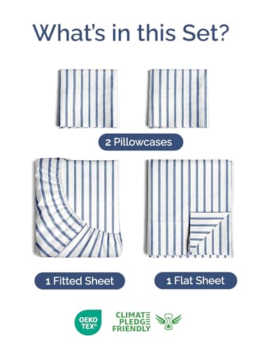 Image of Extra Deep Twin Sheet Set - 4 Piece Breathable and Cooling Sheets - Hotel Luxury Bedding for Women, Men, Kids & Teens - Easy & Secure Fit - Soft and Wrinkle Free - Extra Deep Pockets - Blue Stripes