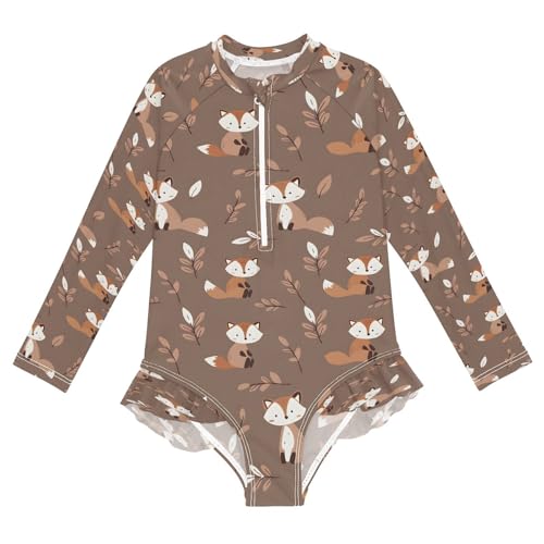 Fox with Small Leaves Girls Long Sleeve Swimsuits One Piece Zipper Bathing Suit UPF 50+ Rashguard Swimwear