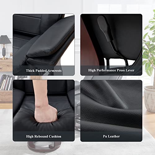 Kinmars Recliner Chair With Ottoman Pu Leather Recliner With 360 Degree Swivel Footrest Accent Lounge Chair Armchair With Wood Base For Living Room, Bedroom, Reading Room (Black) #TOP3